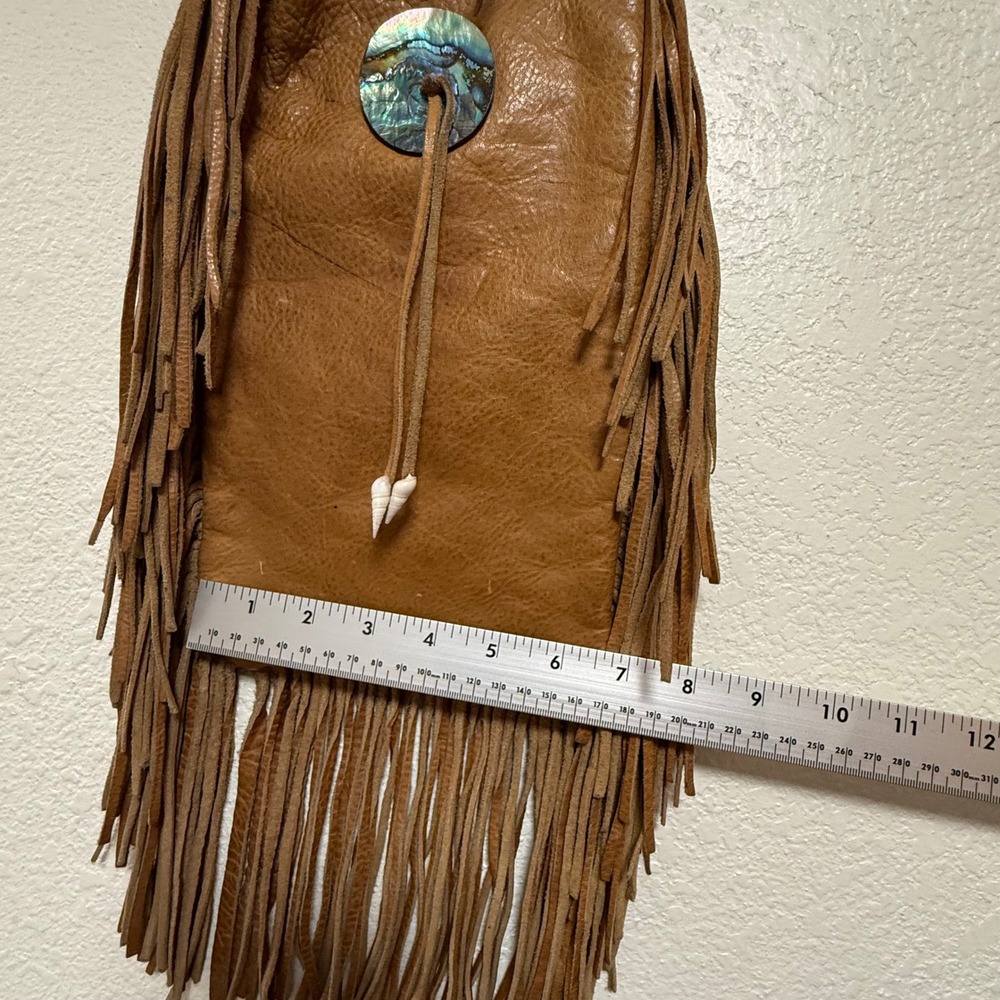 Leather Fringe Festival Bohemian Hippie Shell Accents Medicine Bag Pouch Handbag - Picture 7 of 11